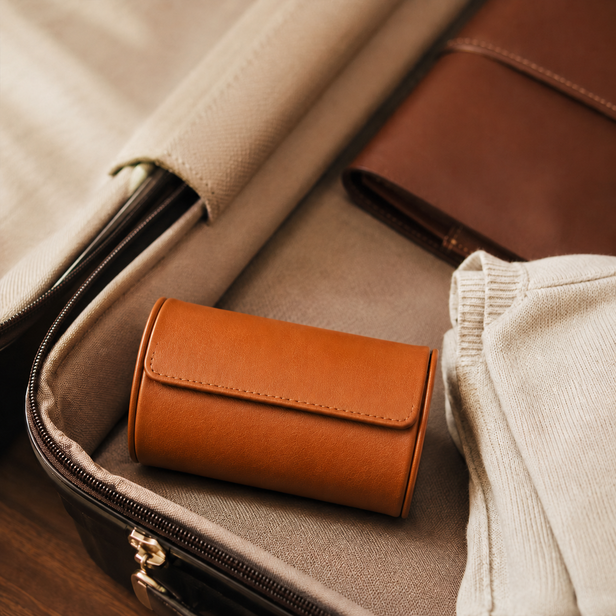 Open Watchroll travel case with watch secured inside